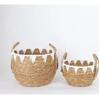 Úložný box SADA 2x Slaměný košík béžová/bílá 32x16,5x18/24x23,5x26 cm