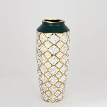 Váza Keramická váza 31x12,5 cm bílá/zlatá/zelená