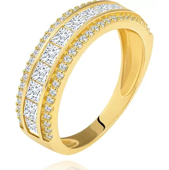 Prsten Prsten ze žlutého 14K zlata - linie čirých zirkonových čtverečků, třpytivý lem - Velikost: 54