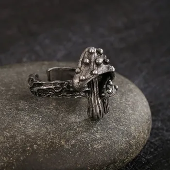 Prsten Vintage prsten s nastavitelnou velikostí a motivem houbiček | dámský prsten, pánský prsten - Černý