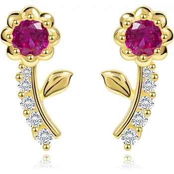 Náušnice Zlaté náušnice 14K květ se syntetickým rubínem a zirkony