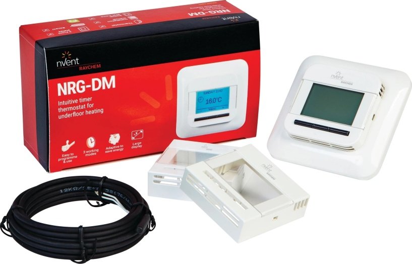 RAYCHEM TERMOSTAT ELEKTRONICKÝ ADAPTABILNÍ S ČASOVAČEM PODSVĚTLENÝ LCD DISPLEJ SNÍMÁNÍ PELOT PODLAHY POKOJE NEBO KOMBINOVANÝ IP21 BÍLÁ BARVA R-NRG-DM 1244-015152