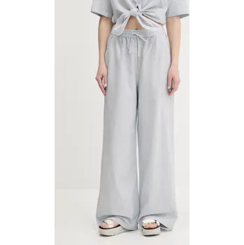 Dámské kalhoty Kalhoty s příměsí lnu Tommy Jeans modrá barva, high waist, DW0DW20352 95X, vel. L