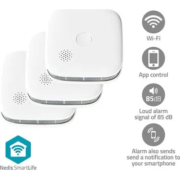 Bezpečnostní detektor NEDIS Wi-Fi chytrý detektor kouře/ napájení z baterie/ hlasitost 85 dB/ výdrž snímače 10 let/ Android/ iOS/ bílý
