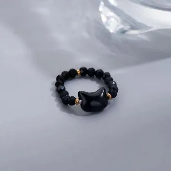 Prsten Měsíční kámen / obsidián minimalistický prsten s motivem kočky | unisex prsten, kočičí prsten - 01