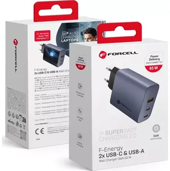 Síťový nabíjecí adaptér Forcell F-Energy GaN s výstupem 2x USB-C a USB s nabíjením PD a QC 4.0, 65W (bez kabelu) (Síťová nabíječka Síťová nabíječka Forcell F-Energy GaN – 65W s porty: 2x USB C a USB A s nabíjením PD a QC 4.0)