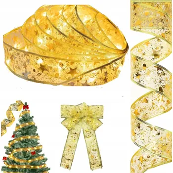 Vánoční dekorace VÁNOČNÍ STUHA NA STROMEČEK OZDOBNÁ ZLATÁ PÁSKA NA BATERIE 100 LED 10m