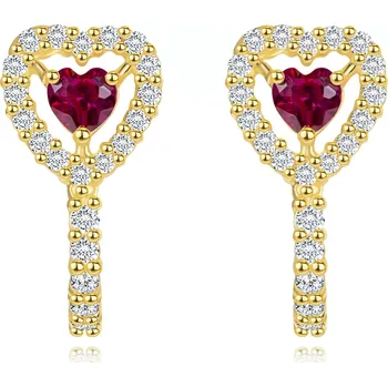 Náušnice Zlaté náušnice 14K se srdcem a tmavě růžovým rubínem