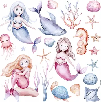 Obraz Sada samolepek Podmořský svět s malými mořskými pannami a mořskými živočichy 130x164 cm