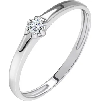 Prsten Prsten z bílého 14K zlata - lesklá hladká ramena, zářivý čirý diamant - Velikost: 55