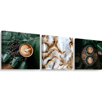 Obraz Obrazy do kuchyně KÁVA – Káva, šálky Latte, zrna, lístky – TRÍPTYCH 150x50 cm