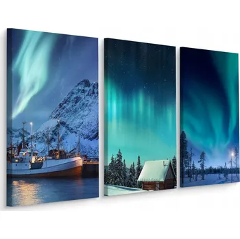 Obraz Obraz TRYPTYK Polární záře Zima Krajina 3D 60x40