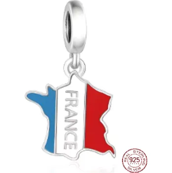 Přívěsek Charm Sterlingové stříbro 925 Francie vlajka - houpající se mapa, přívěsek na náramek cestování