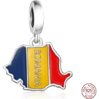 Přívěsek Charm Sterlingové stříbro 925 Rumunsko vlajka - houpající se mapa, přívěsek na náramek cestování