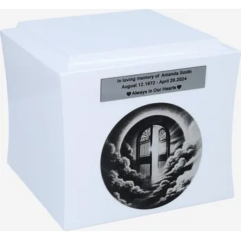 Smuteční dekorace Urna s Bránou Nebe, symbolická pohřební urna Bílá / Vzor 1 / Štítek