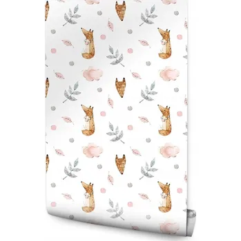 Fototapeta Tapeta do dětského pokoje – listy, lišky, květiny