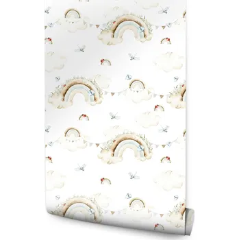 Fototapeta Tapeta pro děti DUHA Pastelové Obláčky Skandinávský Styl Motýli