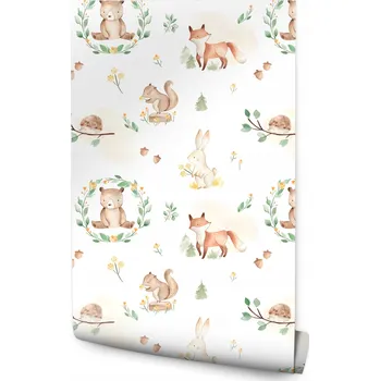 Fototapeta Dekorativní Tapeta Lesní ZVÍŘATA Rostliny Květiny Boho Styl MEDVÍDCI Listy