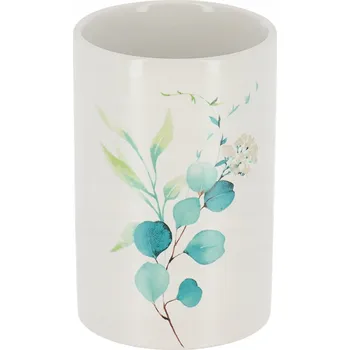 Držák na kartáček Kelímek do koupelny Aquarelle vzor eukalyptus BÍLÝ na kartáčky stylový
