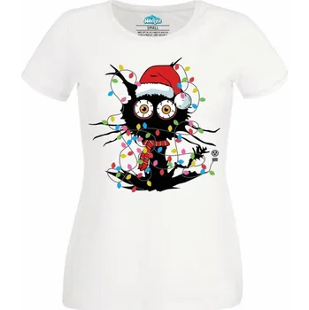 Dámské tričko Dámské tričko Vánoční Kočka pod Napětím (Velikost: 4XL, Barva: Bílá)