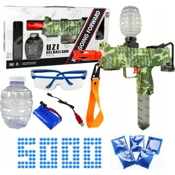 GELOVÁ KULIČKOVÁ PISTOLE UZI AUTOMAT ZELENÁ MASKÁČOVÝ DVA ZÁSOBNÍKY 5000 KULIČEK