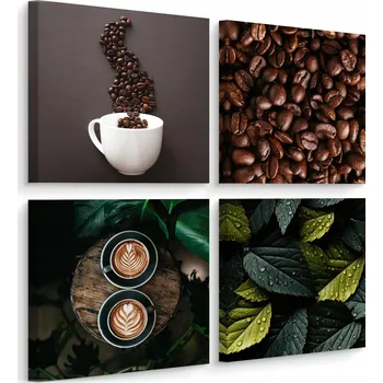 Obraz Obrazy Canvas do kuchyně SET KÁVOVÁ Zrnka Latte Tropické listy 80x80