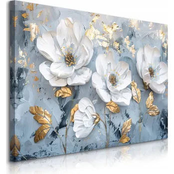Obraz OBRAZ DO LOŽNICE BÍLÉ KVĚTY ZLATÉ LISTY AKVAREL ABSTRAKCE 40x30