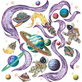 Obraz Sada dětských samolepek Rakety Astronauti Planety Vesmír 60x103 cm