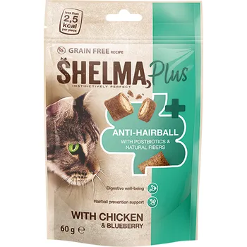 Pamlsek pro kočku Shelma Snack GF kočka polštářky Anti-Hairball 60 g