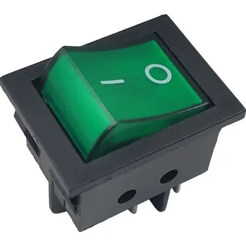 vypínač Vypínač kolébkový dvoupólový, 250V / 15A, WSM 9105L, zelený ON-OFF, FASTON 6,3