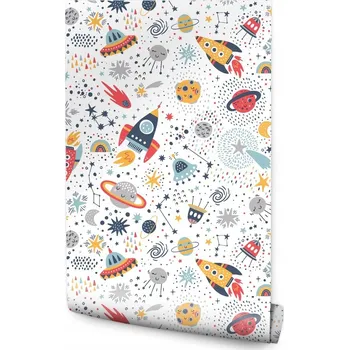 Fototapeta Dětská tapeta rakety, vesmírné lodě UFO a planety