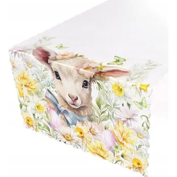 ubrus Obdélníkový běhoun na stůl, odolný proti skvrnám, 38x140 Beránek Květiny Velikonoce