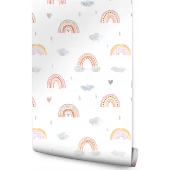 Fototapeta Tapeta v roli pro holčičku DUHA Akvarel Srdíčka Obláčky Boho styl