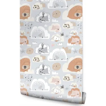 Fototapeta Dětská Tapeta Spící ZVÍŘÁTKA Obláčky Sloni Medvídci Koťátka Králíčci
