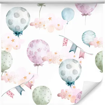 Fototapeta Dětská Tapeta na Zeď Pastelové BALÓNKY Hvězdy Obláčky Boho Styl