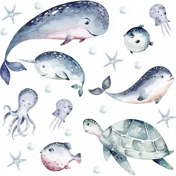 Samolepící dekorace Samolepky na zeď PRO DĚTI Akvarelové RYBY Velryby Boho styl SADA