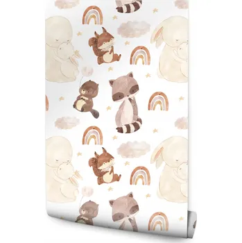 Tapeta Tapeta na zeď do dětského pokoje ZVÍŘÁTKA Obláčky Duha Boho styl