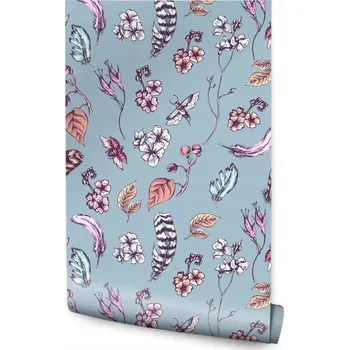 Fototapeta Tapeta květiny peří hmyz v boho stylu do ložnice