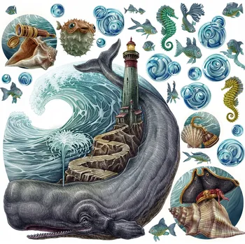 Obraz Dekorace Samolepky Pohádkový Podmořský Svět Maják Zvířata 60x71 cm