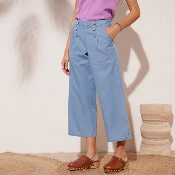 Dámské džíny 7/8 džíny s ozdobnými knoflíky sepraná modrá 42