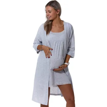 Dámská noční košile Mateřská košilka úzká ramínka na kojení a župan v setu 1G0451 šedá m