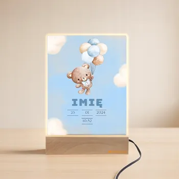 Lampička Noční lampa Medvídek chlapeček + jméno a datum Dárek k narození LED plexi lampa