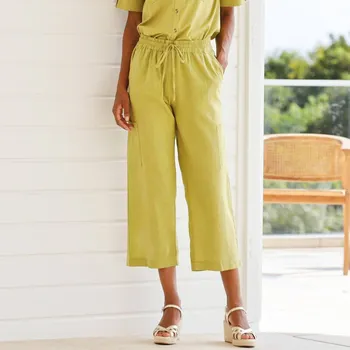 Široké 7/8 kalhoty s kapsami, ze směsi bavlny a lnu mechová 38