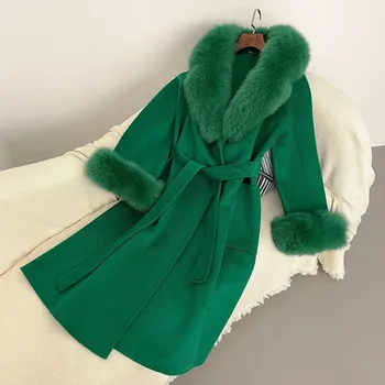 Dámský kabát Vlněný luxusní kabát s páskem a liškou Barva: Zelená, Velikost: S