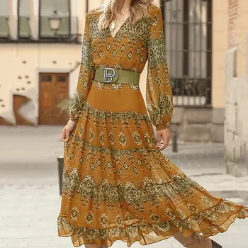 Dámské šaty Dlouhé šaty s potiskem vintage s páskem Barva: Žlutá, Velikost: 5XL