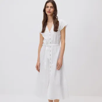 Dámské šaty Reserved - Bavlněné midi šaty s páskem - bílá - 6683B-00X - 6683B-00X-S