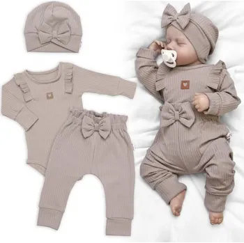 Kojenecká čepice Baby Nellys Žebrovaná rostoucí souprava 3D Baby Girl Taupe Vel. 56/62