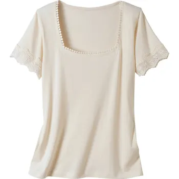 Tričko se čtvercovým výstřihem a krajkou režná 50