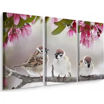 Obraz Obraz Tryptych vrabci na větvi Květy 3D 60x40