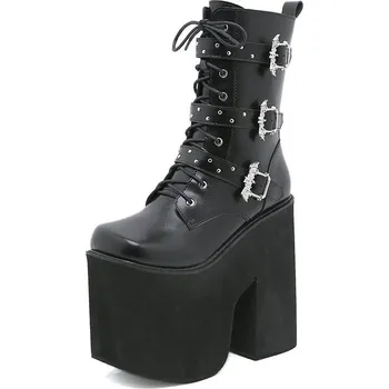 Dámské kozačky Kotníkové boty na masivní platformě s ozdobnými řemínky GoodDayGirl Barva: Černá, Velikost: 42